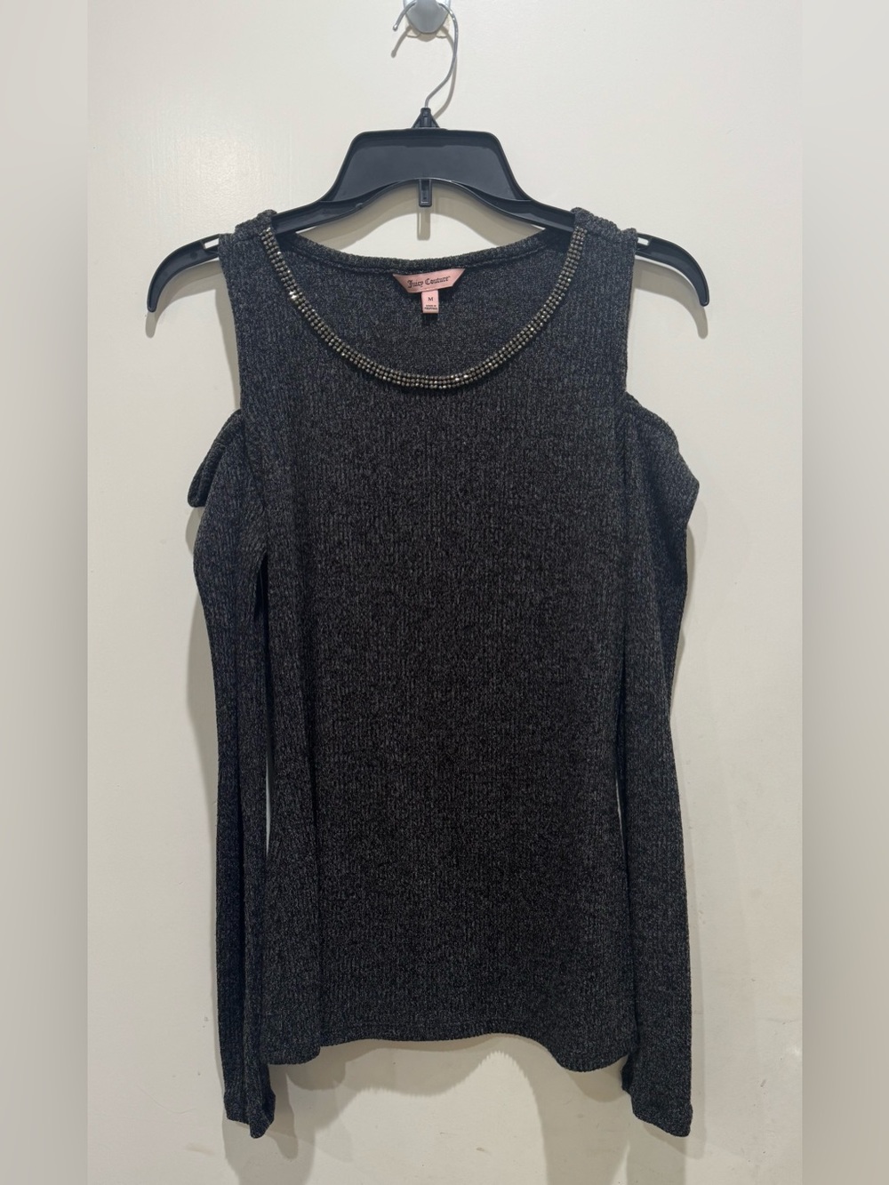 Juicy Couture- Cold Shoulder Beaded Crewneck Sweater Top - Dark Gray